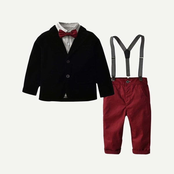 

Toddler Boys Solid Outerwear & Bow Tie Striped Shirt & Overalls, Multicolor
