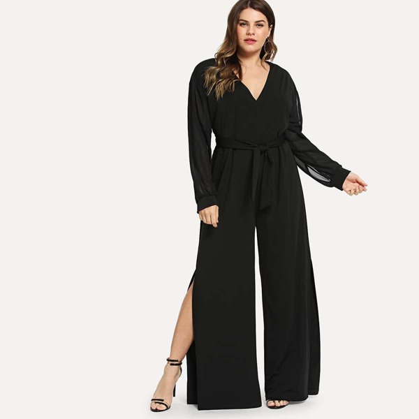 

Plus Solid Self-Tie V-Neck Jumpsuit, Black
