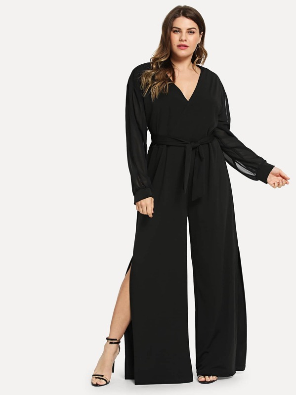 

Plus Solid Self-Tie V-Neck Jumpsuit, Black, Isabela