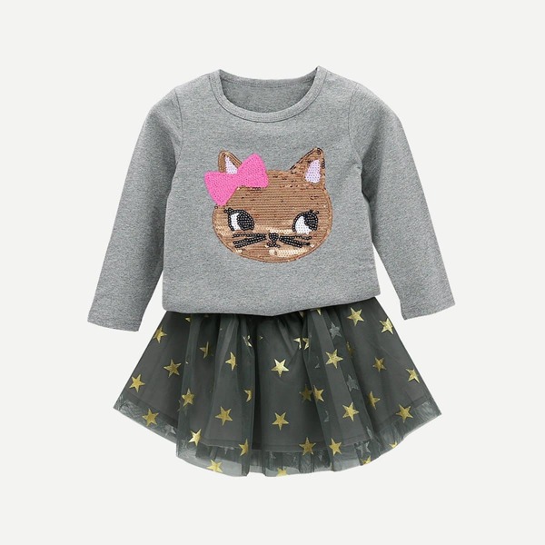 

Toddler Girls Contrast Sequin Tee With Mesh Skirt, Grey