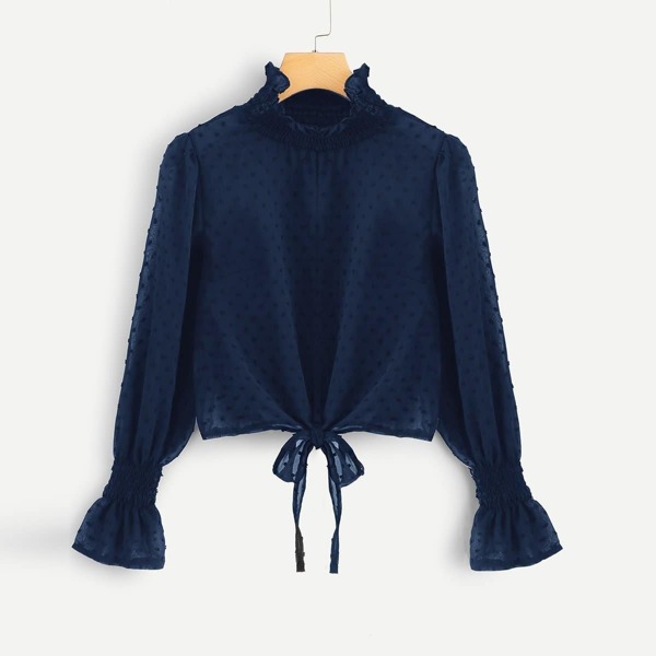 

Shirred Trim Knot Hem Swiss Dot Top