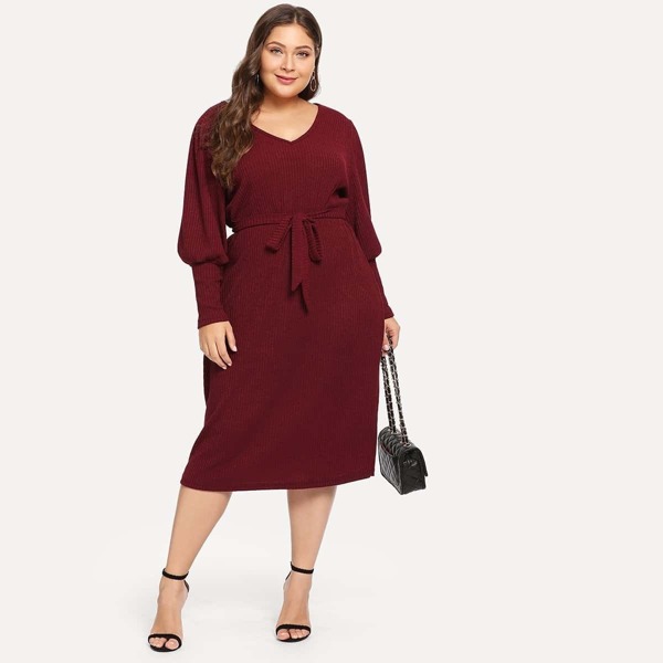 

Plus Tie Waist Mutton Sleeve Dress, Burgundy