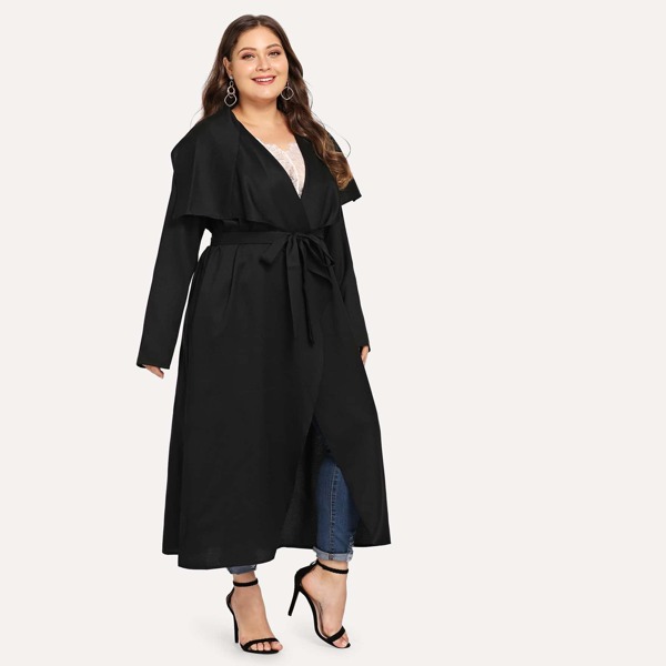 

Plus Self Tie Waterfall Collar Coat, Black