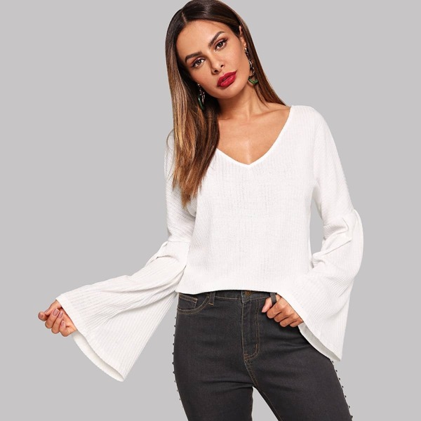 

Bell Sleeve V-Neck Sweater, White
