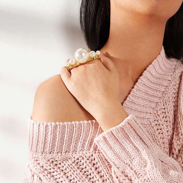 

Faux Pearl Rectangle Shaped Ring 1pc, Gold