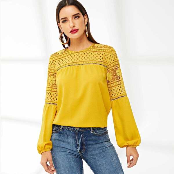 

Guipure Lace Yoke Blouson Sleeve Top