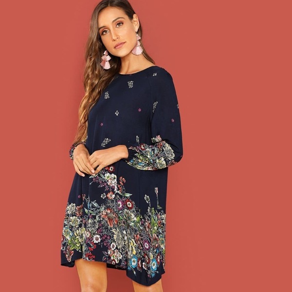 

Button Keyhole Back Floral Dress, Navy