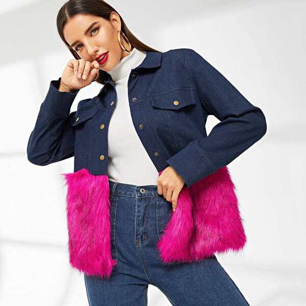 

Faux Fur Panel Button Up Jacket, Multicolor