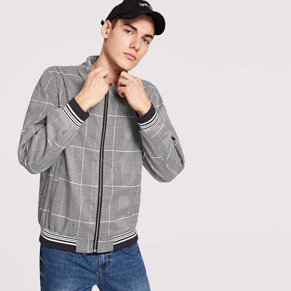 

Men Striped Rib Trim Zip Up Plaid Jacket, Grey