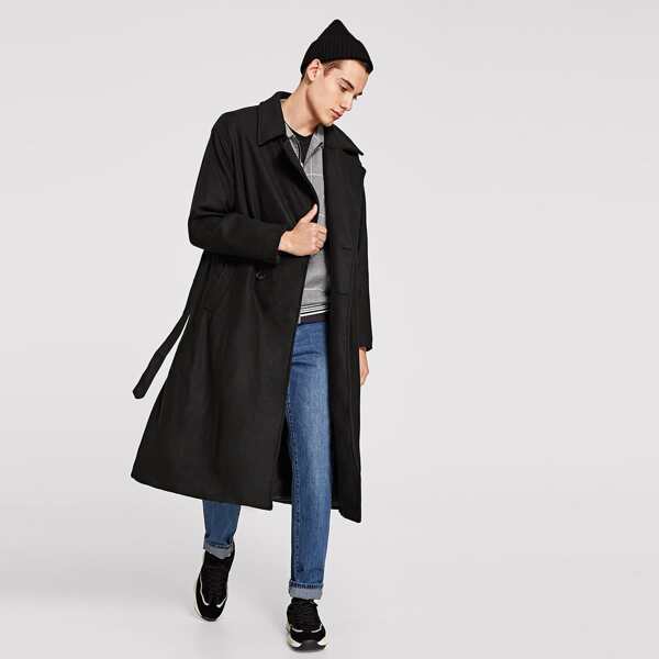 

Men Button & Pocket Up Notched Neck Coat, Black