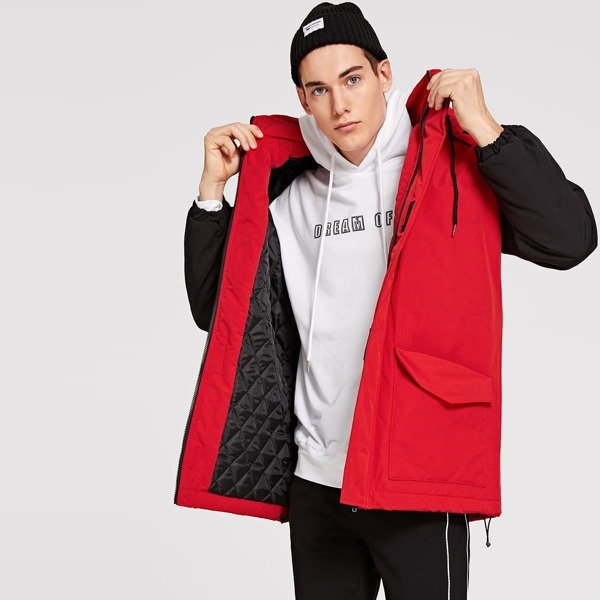 

Men Flap Pocket Drawstring Hoodie Coat, Red
