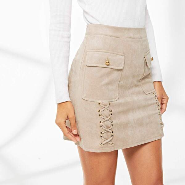 

Dual Flap Pocket Grommet Crisscross Suede Skirt, Khaki