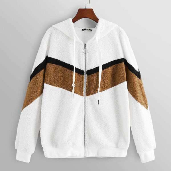 

Zip Up Chevron Teddy Hooded Jacket, White