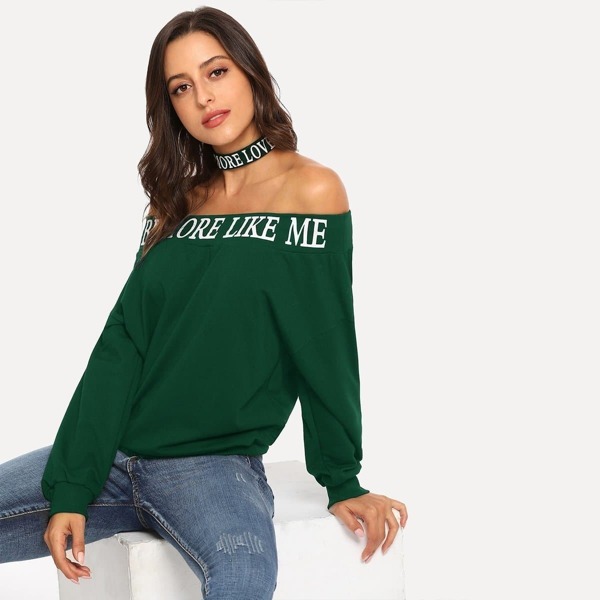 

Off Shoulder Letter Print Pullover, Green
