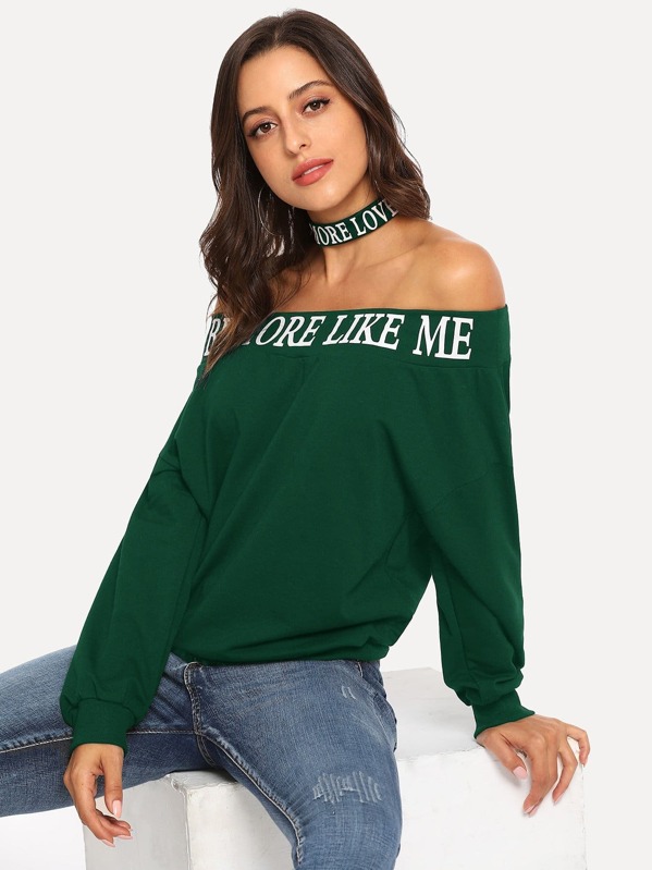 

Off Shoulder Letter Print Pullover, Green, Mary P.