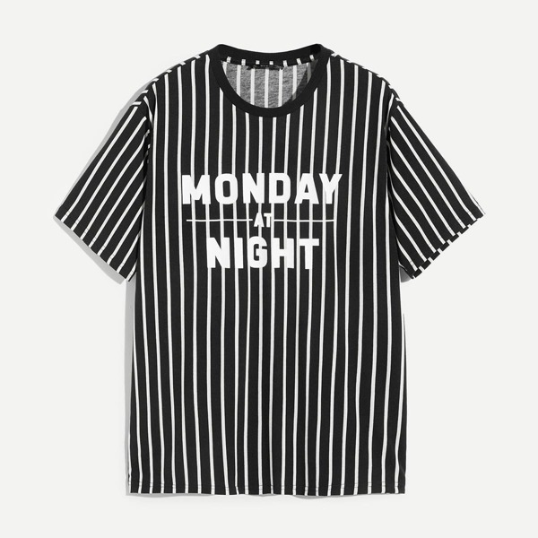 

Men Letter Front Varsity Striped Tee, Black and white