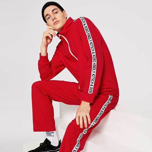 

Men Zip & Pocket Front Letter Coat & Pants Set