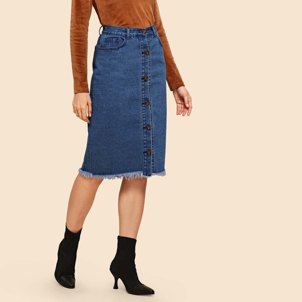 

Raw Hem Button Up Denim Skirt
