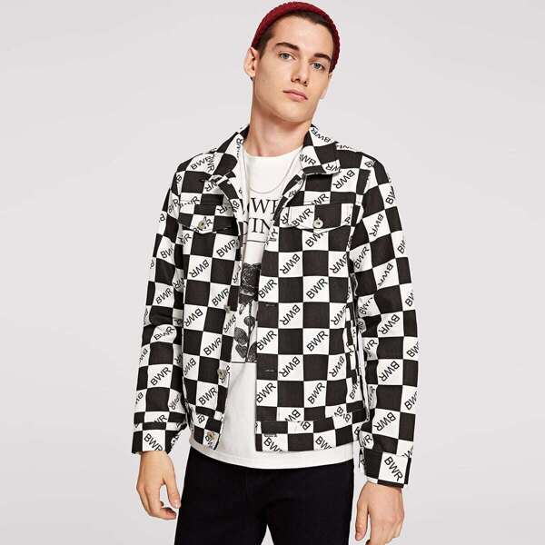 

Men Letter and Gingham Print Jacket, Black and white