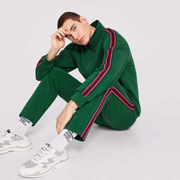 Men Raglan Sleeve Striped Trim Sweatshirt & Pants Set, Green