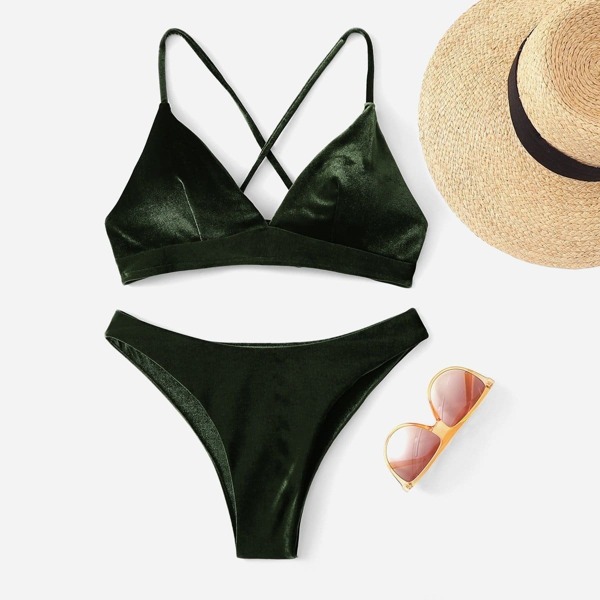 

Velvet Cross Back Top With High Cut Bikini Set