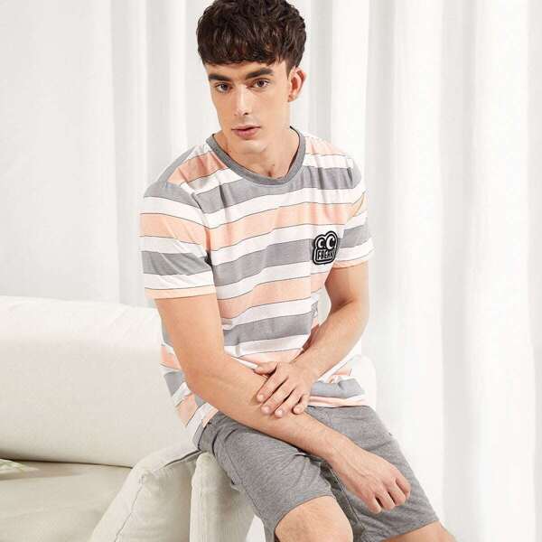 

Men Letter Patched Striped Pajama Set