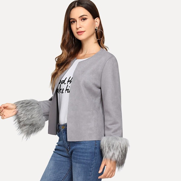 

Faux Fur Cuff Open Front Suede Coat, Grey