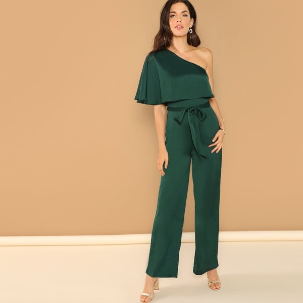 

Flounce One Shoulder Wide Leg Jumpsuit With Belt, Green