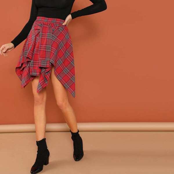 

Knot Front Asymmetrical Plaid Skirt