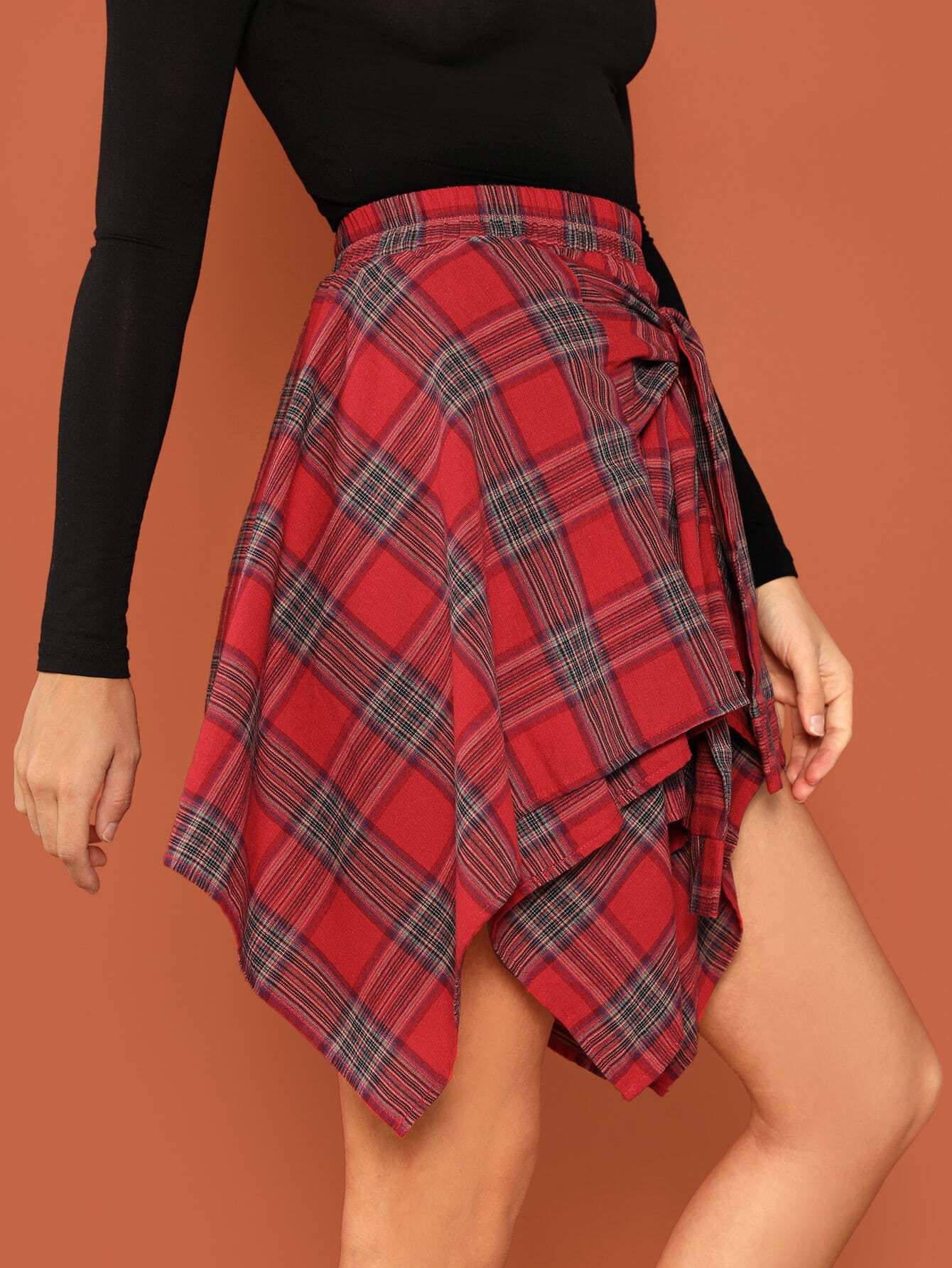 knot front asymmetrical plaid skirt