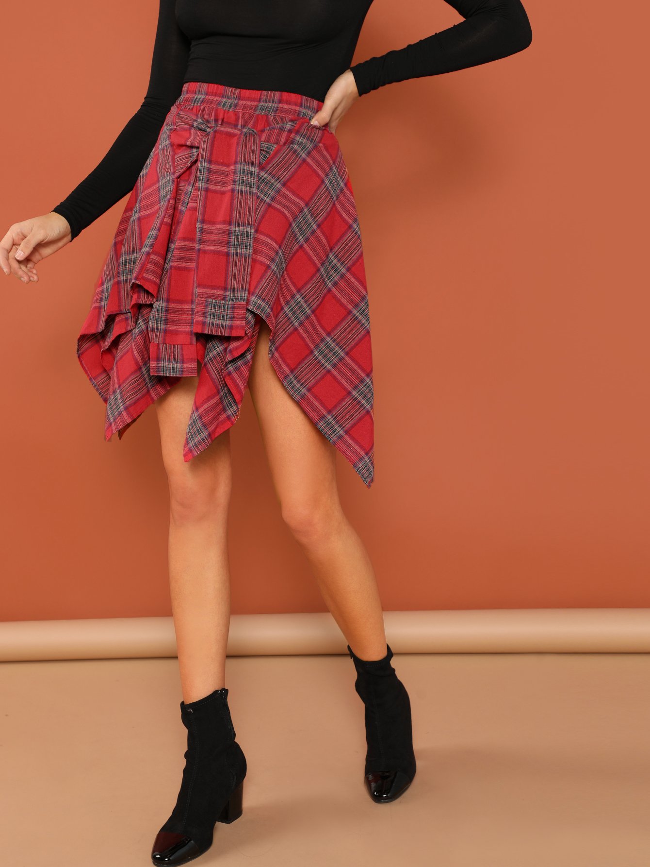 knot front asymmetrical plaid skirt