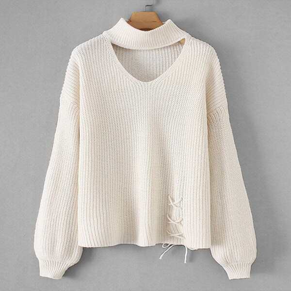 

Drop Shoulder Lace- Up Solid Sweater, White
