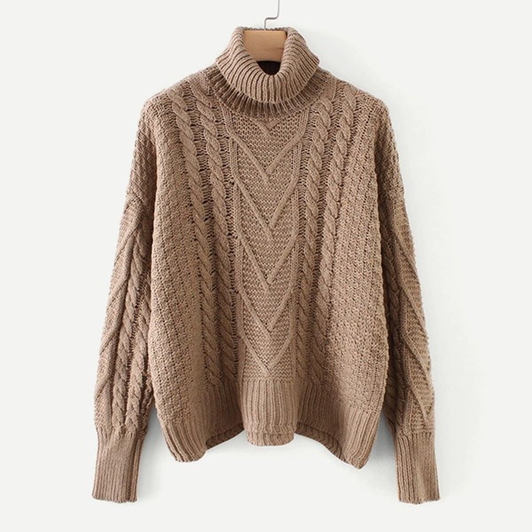 

High Neck Cable Knit Solid Sweater, Khaki