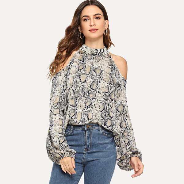 

Cold-Shoulder Blouson Sleeve Snakeskin Top