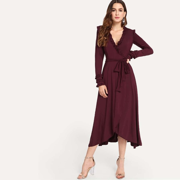 

Frill Edge Surplice Wrap Belted Dress