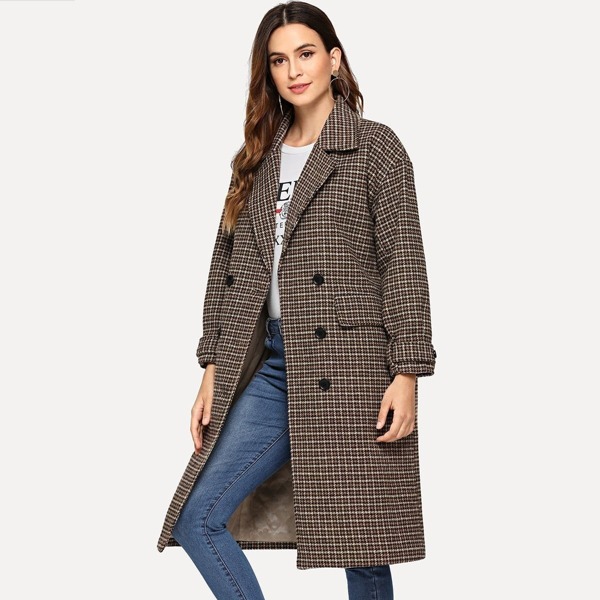 

Double Breasted Houndstooth Print Tweed Coat, Multicolor