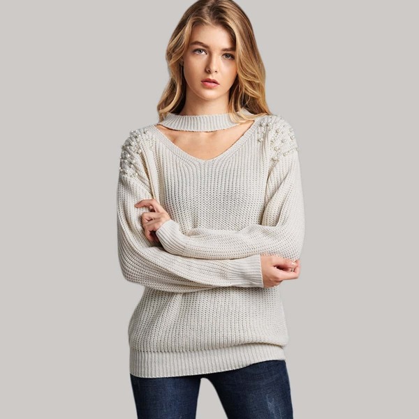

Choker Neck Beaded Decoration Sweater, Beige