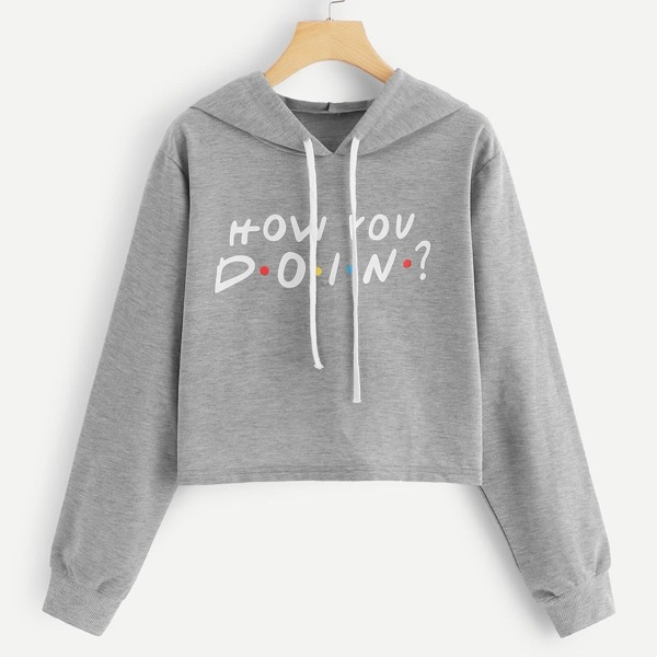 

Slogan Graphic Drawstring Detail Hoodie, Grey
