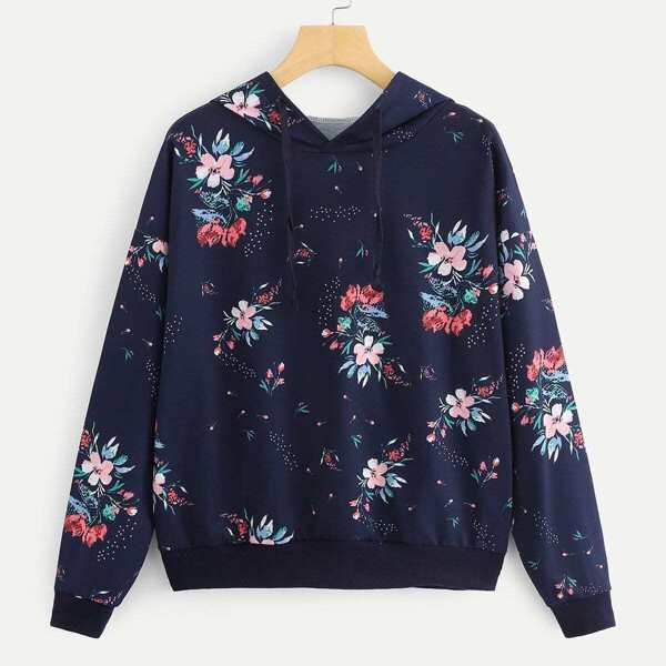 

Floral Print Drawstring Hooded Sweatshirt
