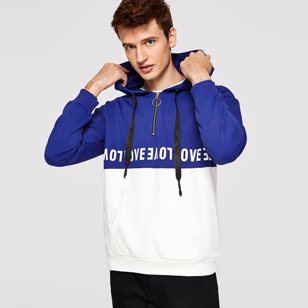 

Men Color Block Letter Print Zip Front Hoodie