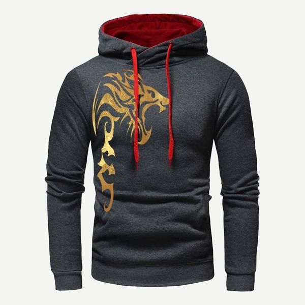 

Men Dragon Print Drawstring Hoodie, Grey