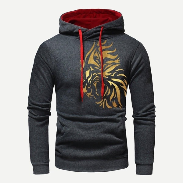 

Men Abstract Print Drawstring Hoodie, Grey