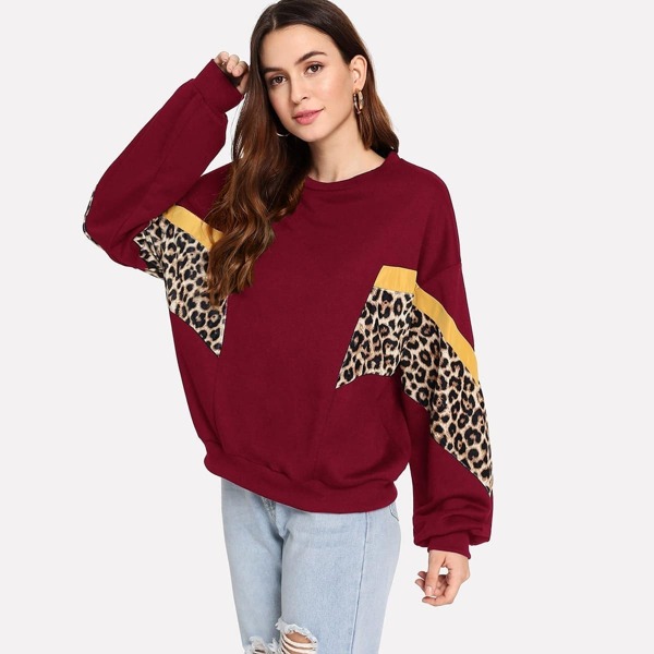 

Drop Shoulder Leopard Panel Sweatshirt