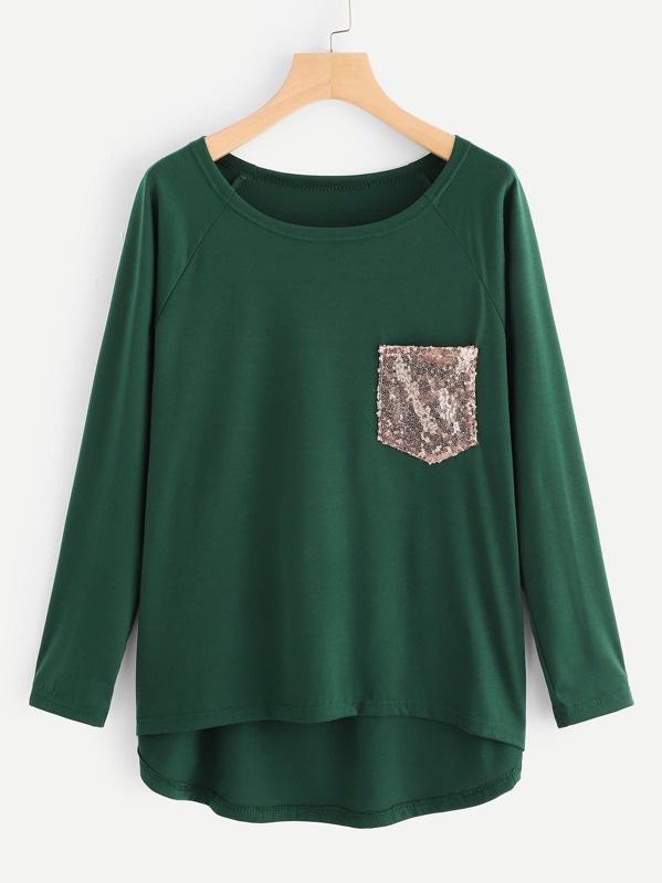 

Contrast Sequin Dip Hem Tee, Green