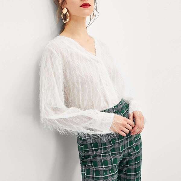 

Semi Sheer Covered Button Fuzzy Top, White