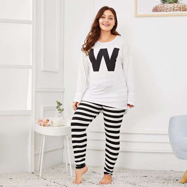 

Plus Letter Print Striped Pajama Set