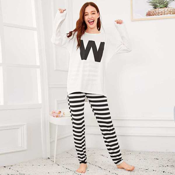 

Letter Graphic Striped Pajama Set