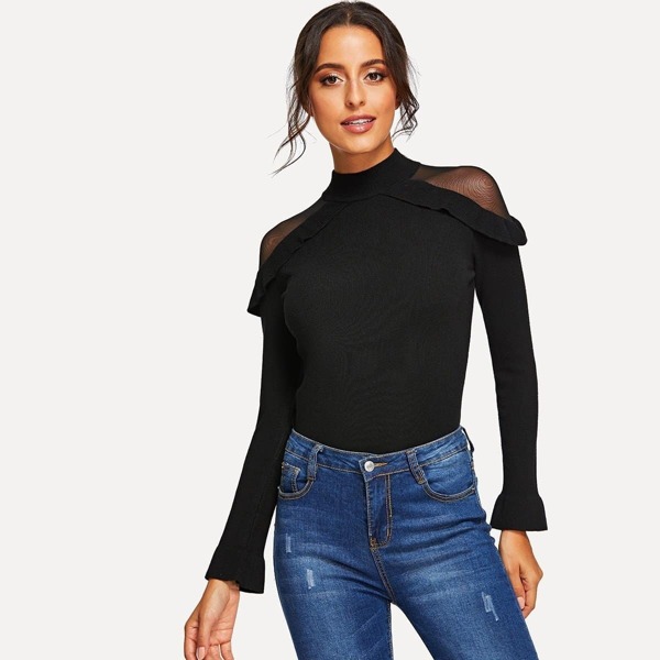 

Mesh Contrast Ruffle Sweater