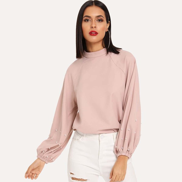 

Mock Neck Pearl Beading Lantern Sleeve Top