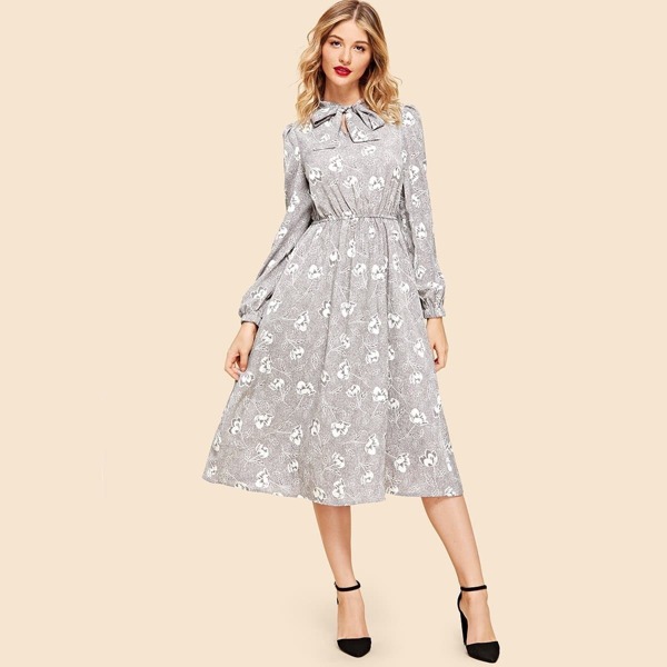 

Tie Neck Floral Print Dress, Grey